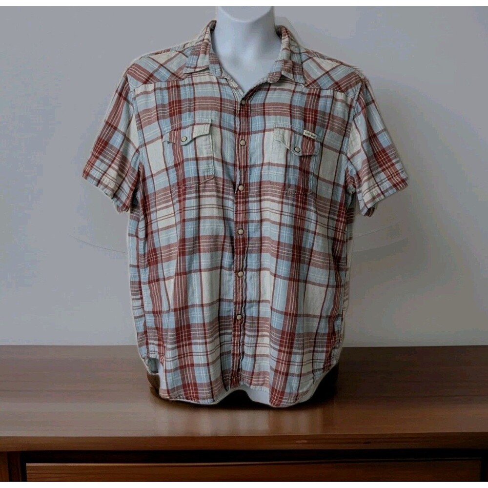Lucky Brand Mens Shirt XL Plaid Short Sleeve Snap Buttons Double Cloth